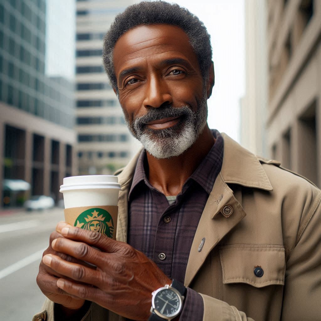 A Black man with close-cropped silver hair and a salt-and-pepper beard holds a coffee cup on a city street, wearing a tan trench coat