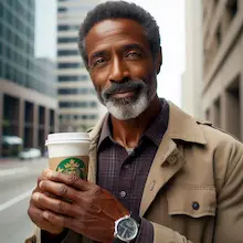 A Black man with close-cropped silver hair and a salt-and-pepper beard holds a coffee cup on a city street, wearing a tan trench coat