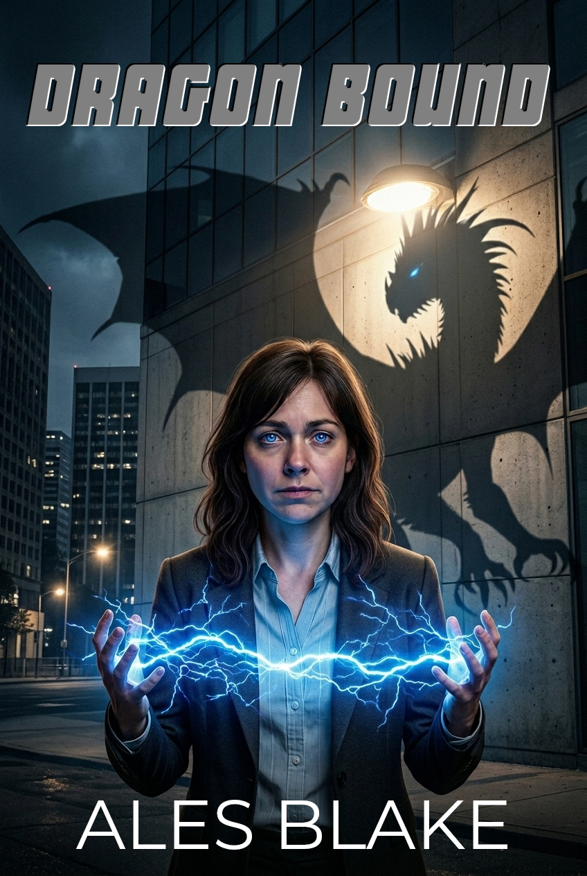 Book cover for Dragon Bound by Ales Blake — a woman in a blazer holds crackling blue lightning between her hands, a dragon shadow looming on the wall behind her against a night city skyline