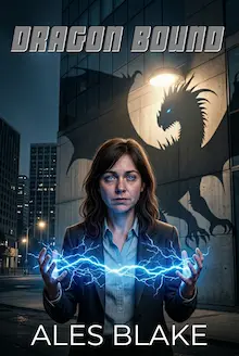 Book cover for Dragon Bound by Ales Blake — a woman in a blazer holds crackling blue lightning between her hands, a dragon shadow looming on the wall behind her against a night city skyline