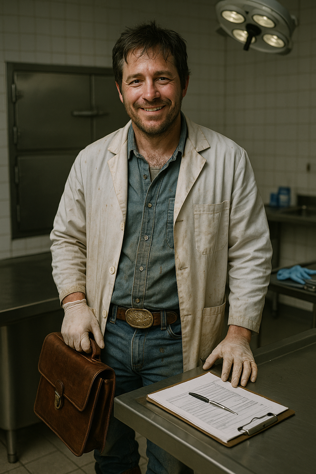 A man in a lab coat sits across a desk from a woman, smiling warmly in a medical office setting