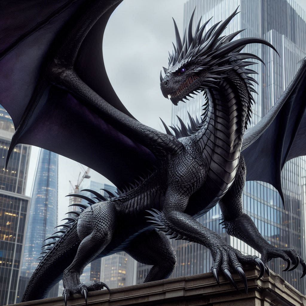 A black dragon perches on a skyscraper rooftop above a city at dawn — Agent Allen in her alternate form