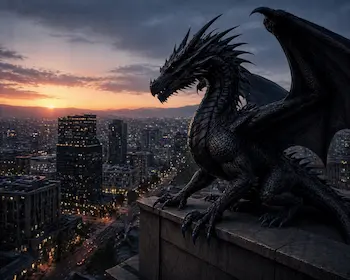 A black dragon perches on a skyscraper rooftop above a city at dawn — Agent Allen in her alternate form