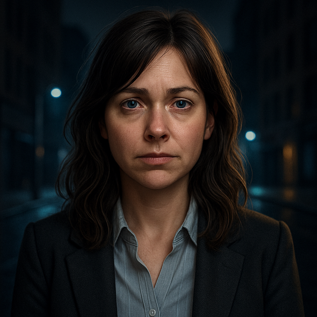 A dark-haired woman in a dark blazer stands against a night cityscape, expression guarded and direct