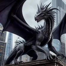 Agent Allen in dragon form — thirty feet of jet-black scales on a rooftop above Irvine