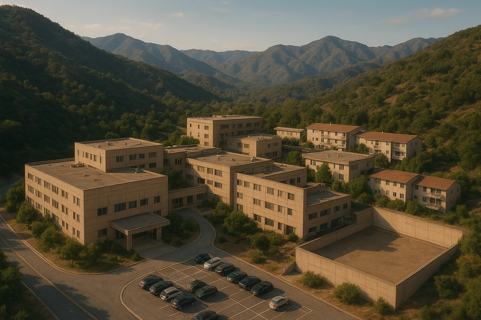 Aerial view of a cluster of beige institutional buildings nestled in a mountain valley at golden hour