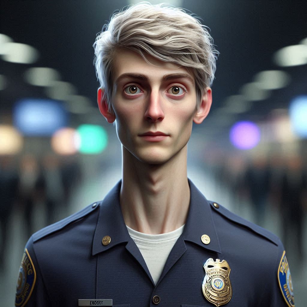 A pale young man with silver-white hair in a police uniform, wide-eyed and earnest