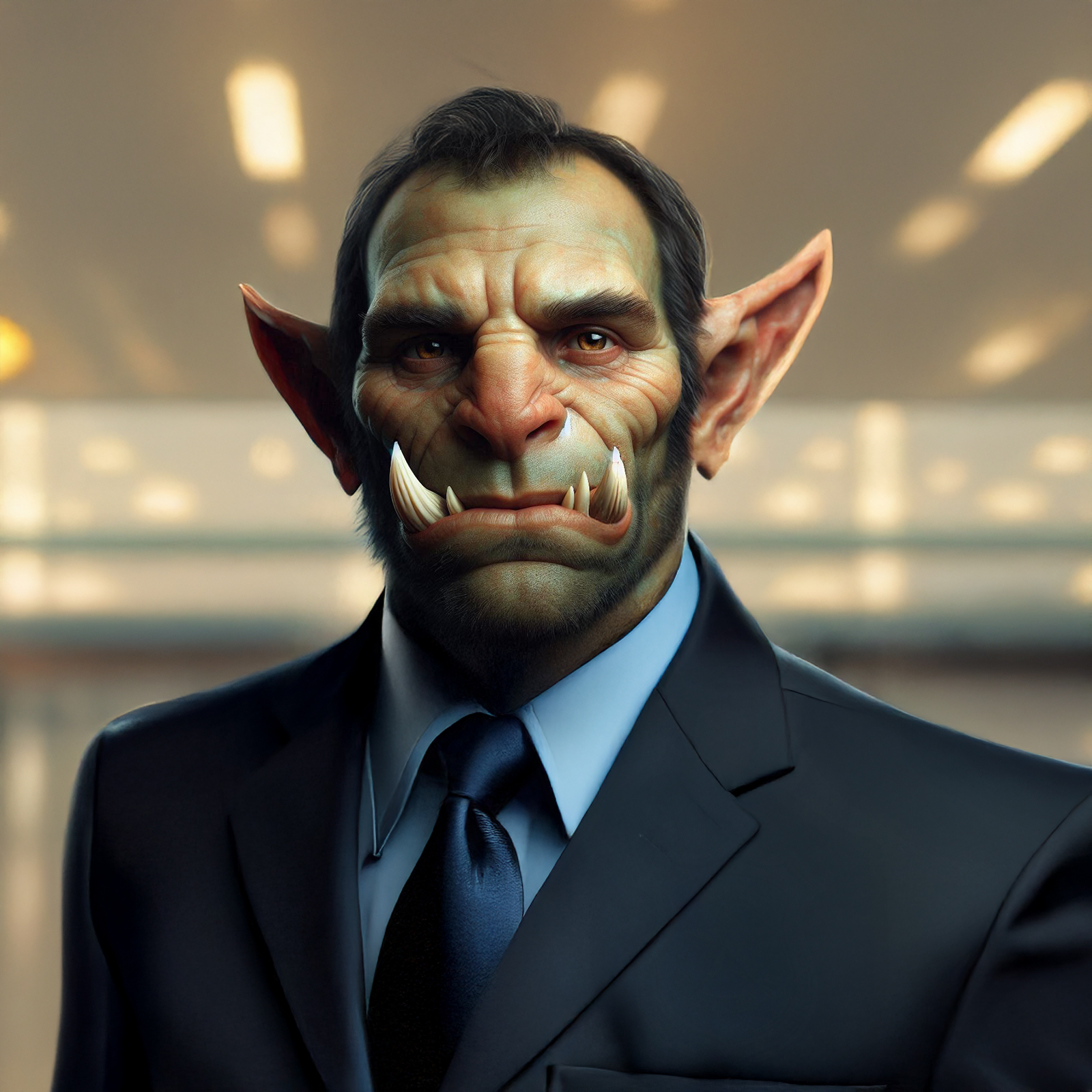 A powerfully built figure in a dark suit with prominent tusks and green-grey skin stands in an office environment
