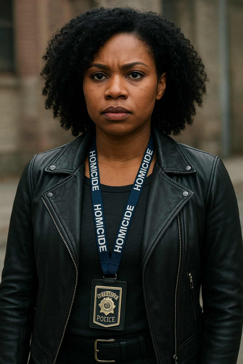 A Black woman with natural hair wearing a leather jacket and homicide detective lanyard, expression serious and watchful
