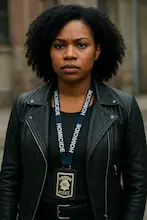 A Black woman with natural hair wearing a leather jacket and homicide detective lanyard, expression serious and watchful