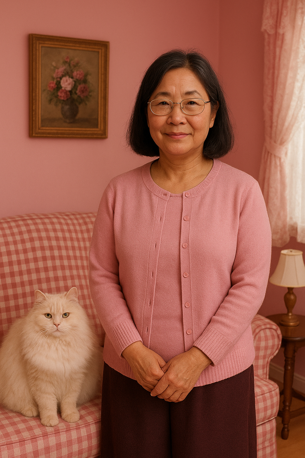A woman in her fifties with dark hair and glasses stands in a pink sitting room beside a white Persian cat