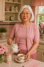 Pamela is making tea in her pretty pink kitchen. She has white hair. Photo from before being dismissed from HAVEN