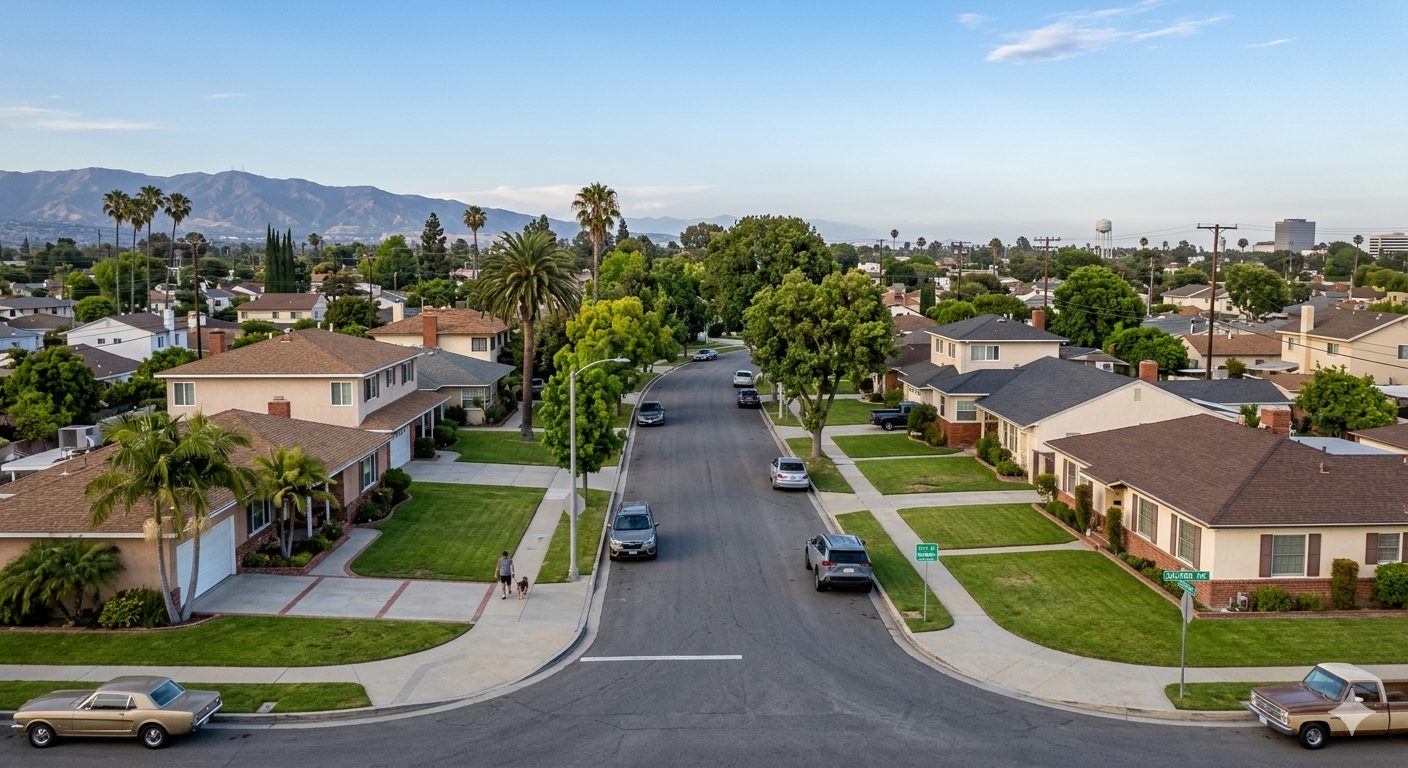 Aerial view of a quiet Southern California residential street lined with single-storey homes, palm trees, and well-kept lawns, mountains visible in the distance