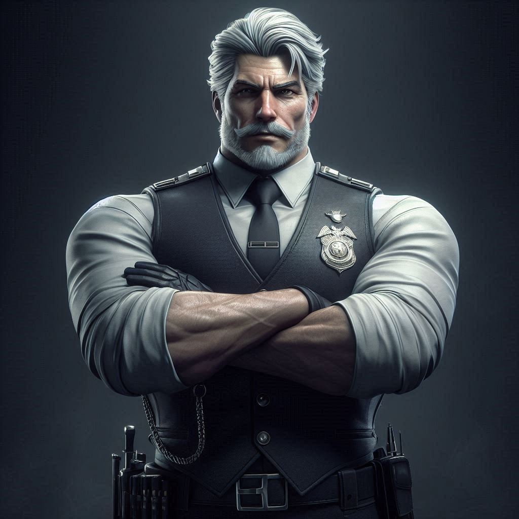 A broad-shouldered figure with swept-back silver hair stands arms crossed in tactical vest and badge, expression stern