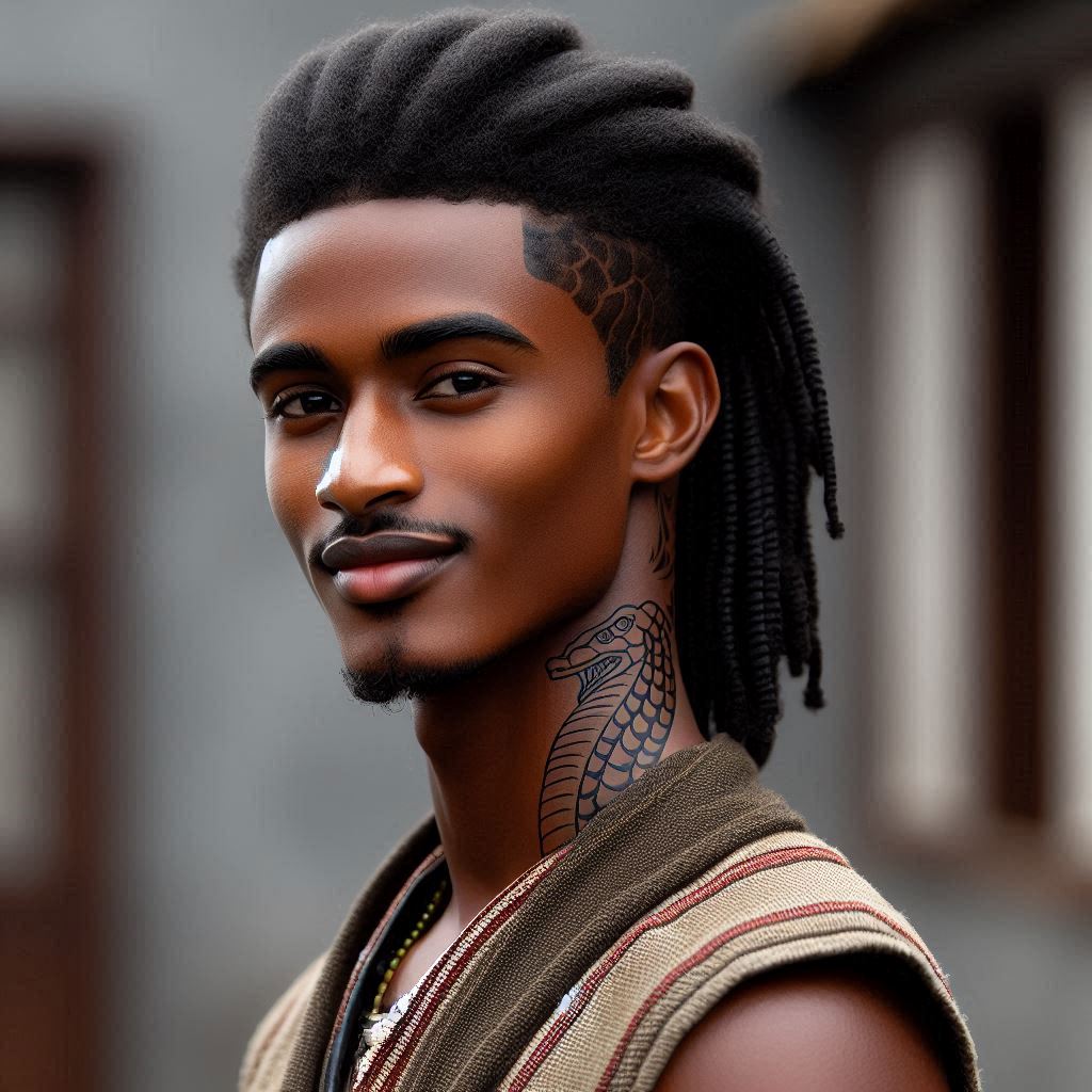 A young Black man with neat dreadlocks and a snake tattoo on his neck looks directly at the camera with a calm, self-assured expression